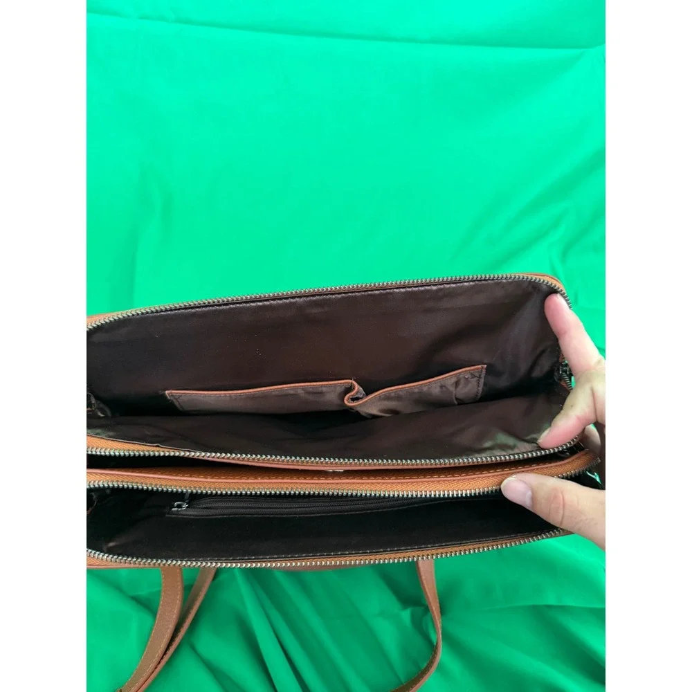 Heshe Brown Pebbled Leather Satchel Triple Compartment Crossbody Bag